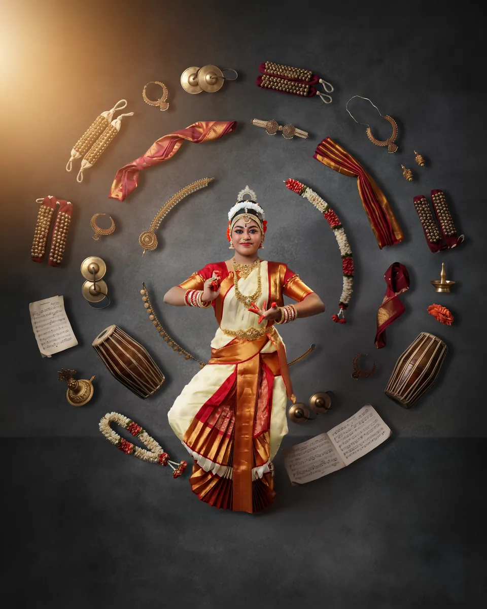 Classical dancer framed by a circular arrangement of costume pieces and ornaments