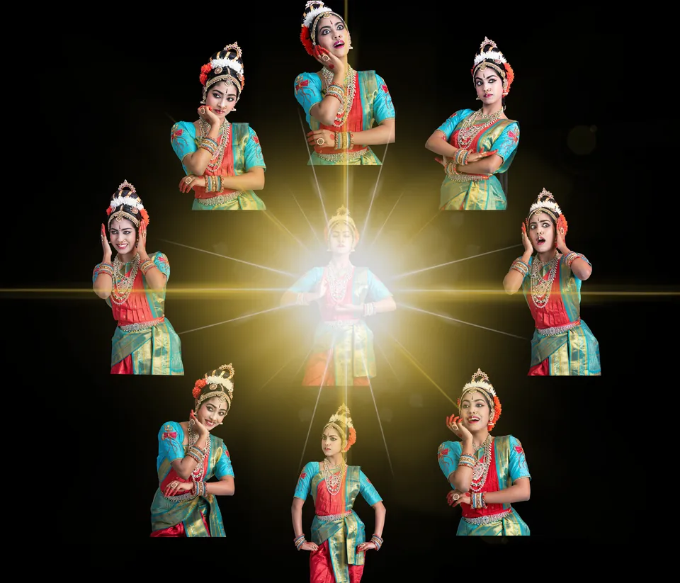 Composite of a classical dancer making several expressive gestures around a bright center