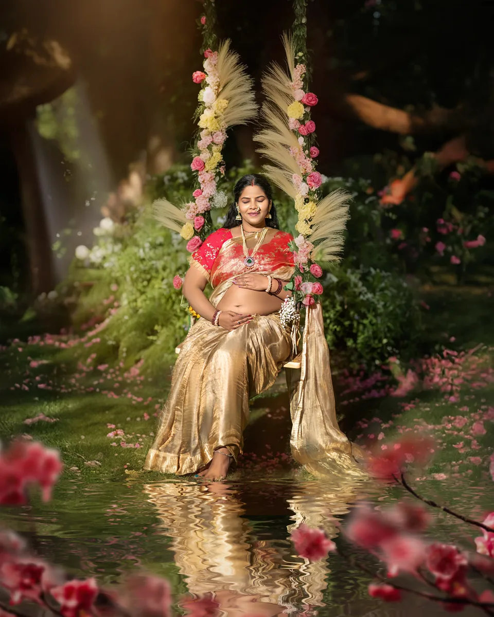 Expectant mother in a gold sari framed by flowers and a tree