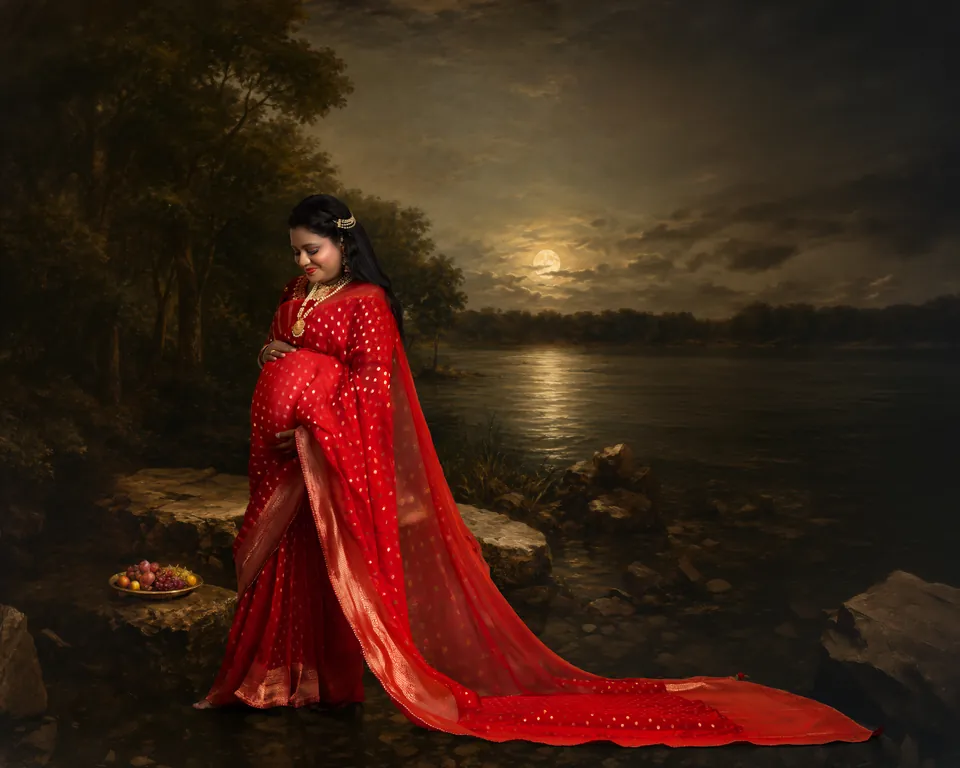 Expectant mother in a red embroidered sari beside a dark lake